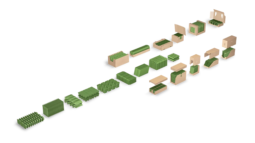 Visualization of various cardboard packages containing green products arranged diagonally on a transparent background – SOMIC product line