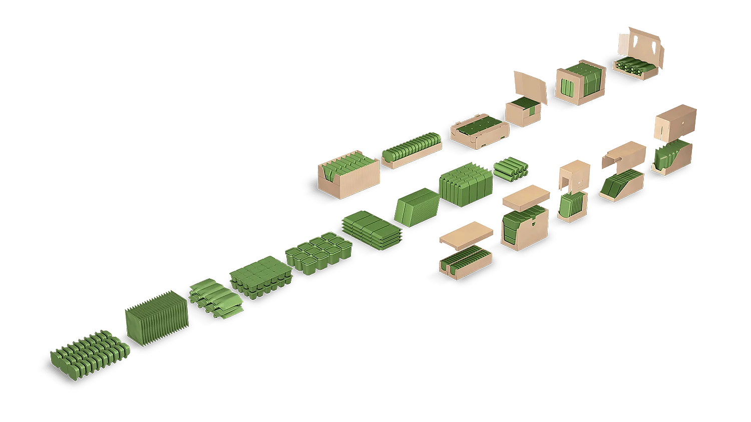 Visualization of various cardboard packages containing green products arranged diagonally on a transparent background – SOMIC product line